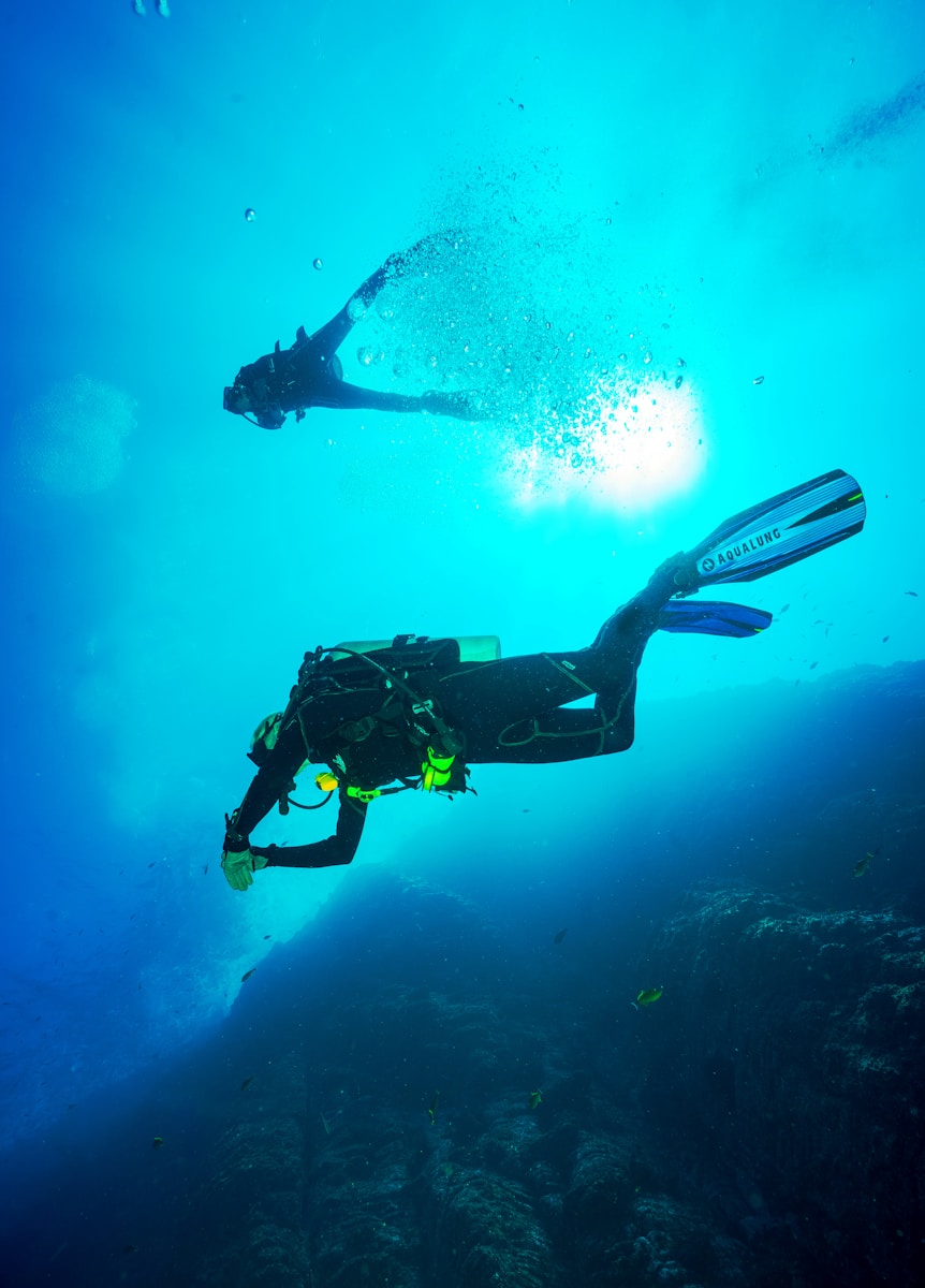 photography of two persons underwater